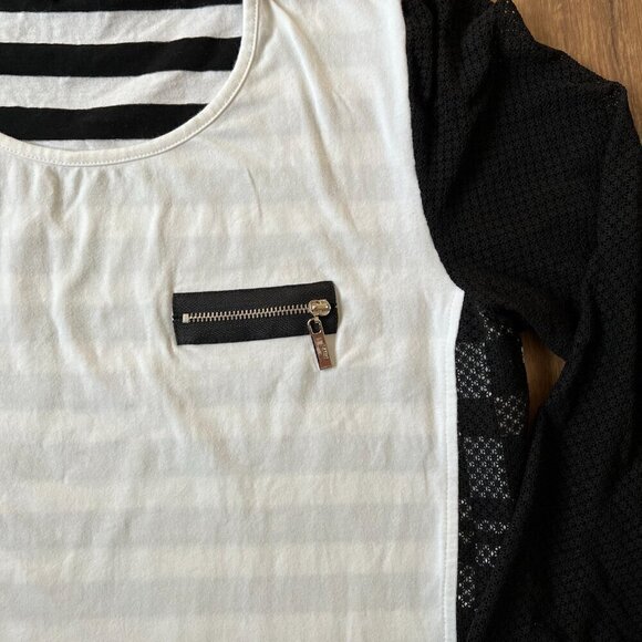 Ravel Black & White Sheer Sleeve Stripe Back Top Sz M - Picture 6 of 12